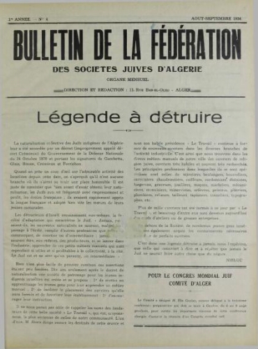 Bulletin de la Fédération des sociétés juives d’Algérie  V°01 N°04 (01/08/1934)